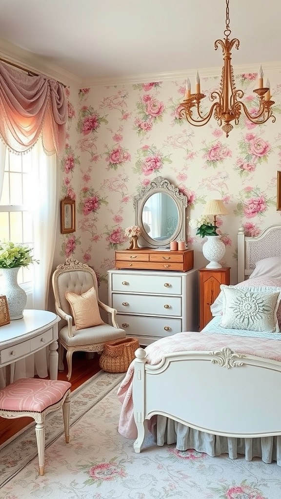 A beautifully decorated vintage-style bedroom with floral wallpaper, elegant furniture, and soft lighting.