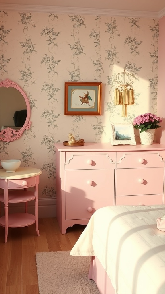A vintage pink bedroom featuring a pink dresser, nightstand, floral wallpaper, and decorative elements.