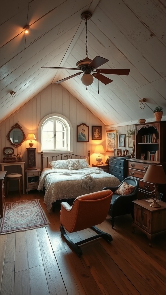 Cozy attic bedroom with antique furniture, wooden flooring, and warm lighting.