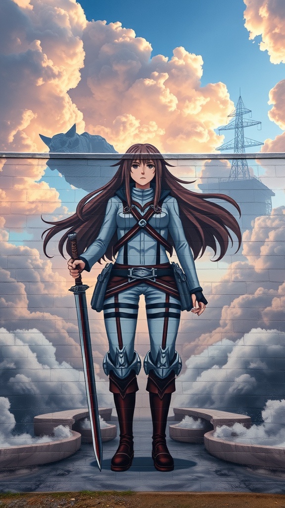 A vibrant mural depicting a character from Attack on Titan standing heroically against a backdrop of clouds and a titan silhouette.
