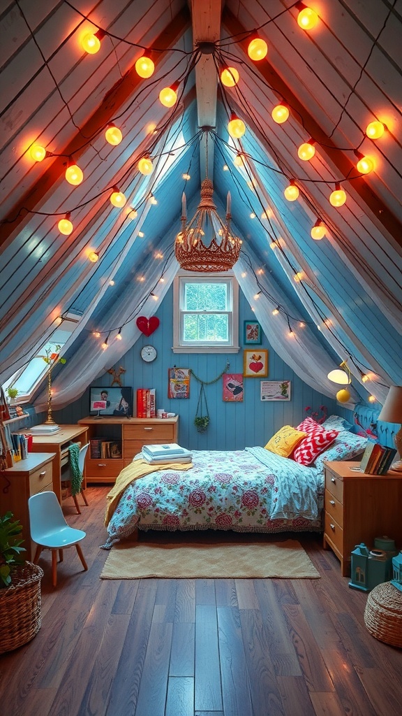 A cozy attic bedroom decorated with fairy lights, blue walls, and wooden beams.