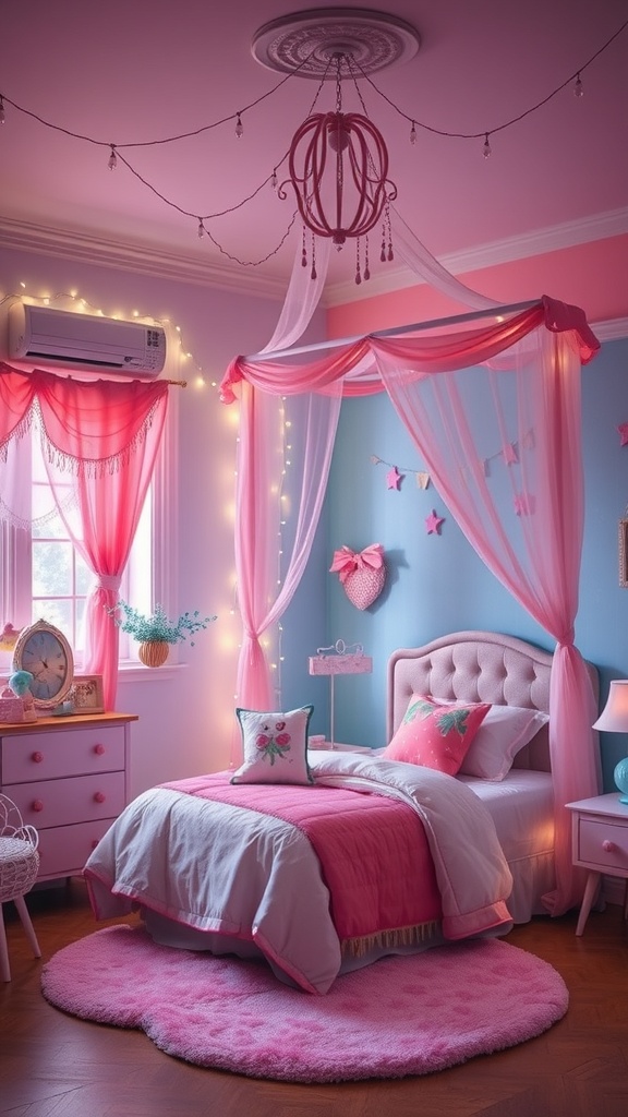 A whimsical teen girl bedroom featuring pink and blue decor, a canopy bed, fairy lights, and a plush rug.