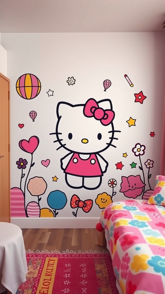 A colorful Hello Kitty wall mural with flowers and hearts in a bedroom setting.