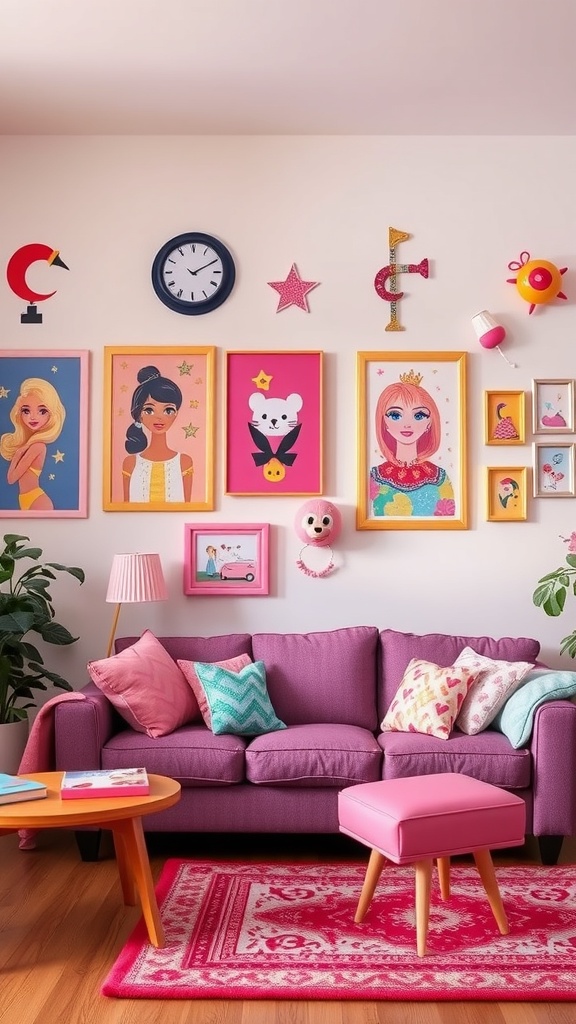 A colorful living room featuring whimsical wall art, including portraits of dolls, a panda illustration, and decorative stars.