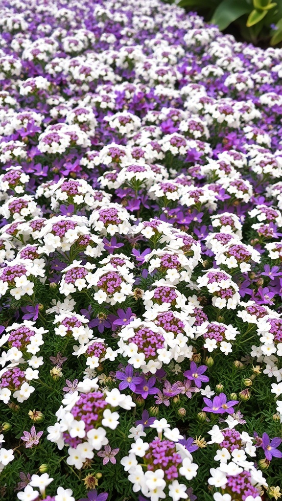 Alyssum flowers in white and purple blooming together in a garden.