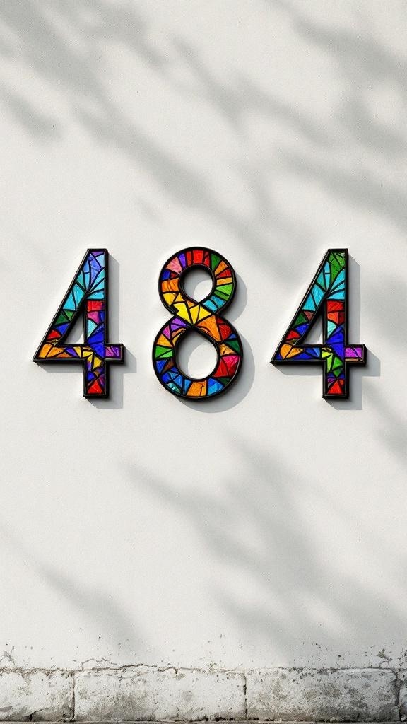 Colorful stained glass room numbers '484' on a white wall