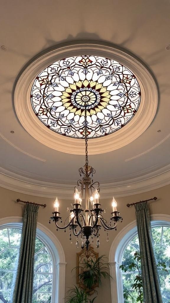 A stained glass ceiling medallion with floral patterns, accompanied by a chandelier in a well-decorated room.