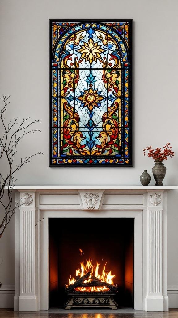 A vibrant stained glass wall hanging above a fireplace, featuring floral designs in rich colors.