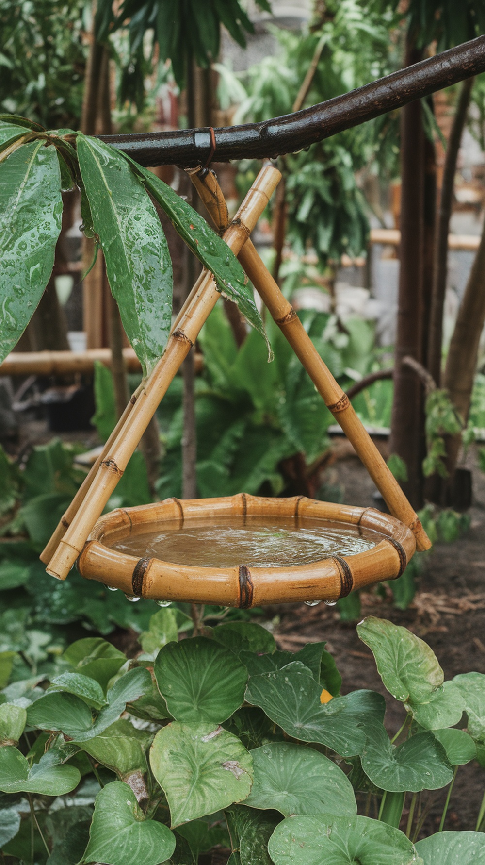 A bamboo birdbath surrounded by lush green plants.