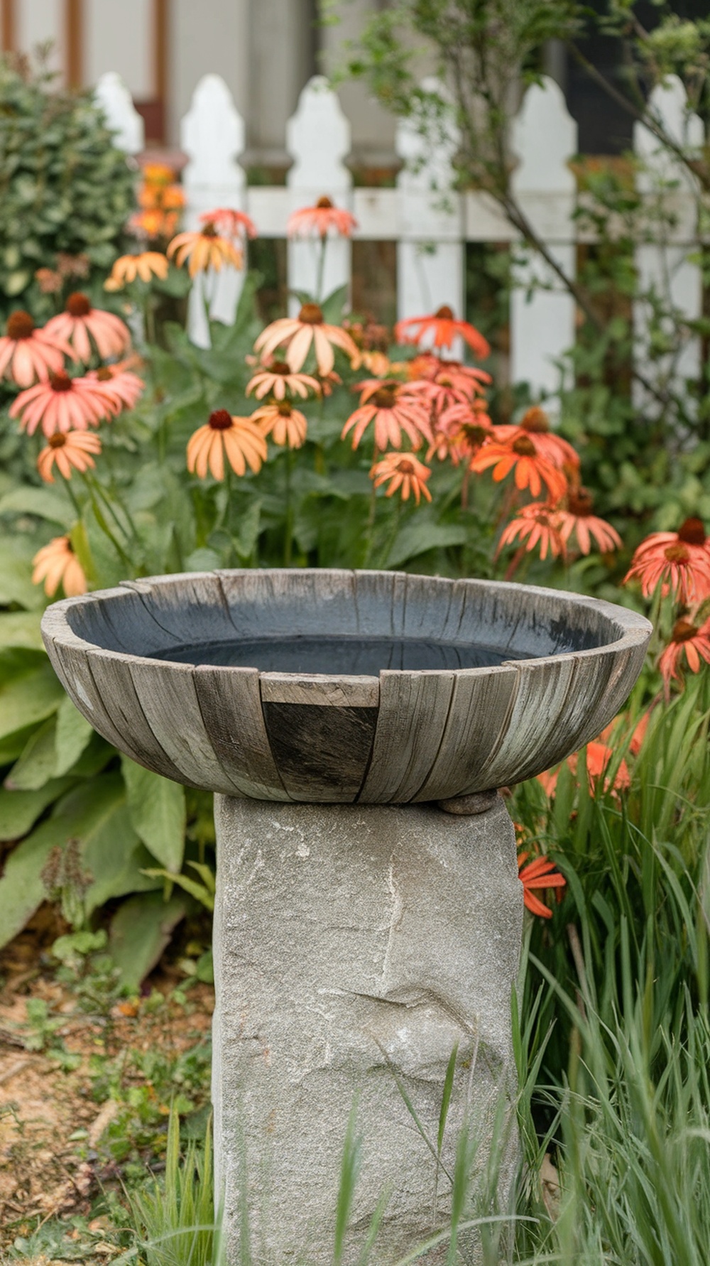 A rustic birdbath made from a reclaimed wooden bowl on a stone pedestal, surrounded by colorful flowers.