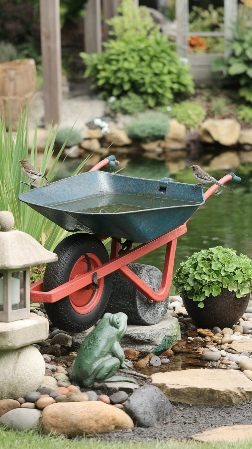A colorful wheelbarrow repurposed as a birdbath, surrounded by greenery and decorative stones.