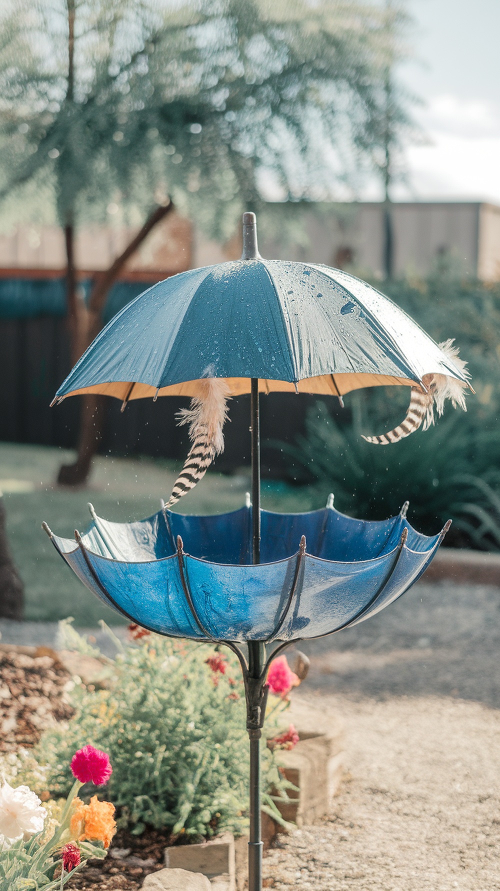 A vintage umbrella turned into a birdbath, featuring a blue canopy and colorful flowers in the background.