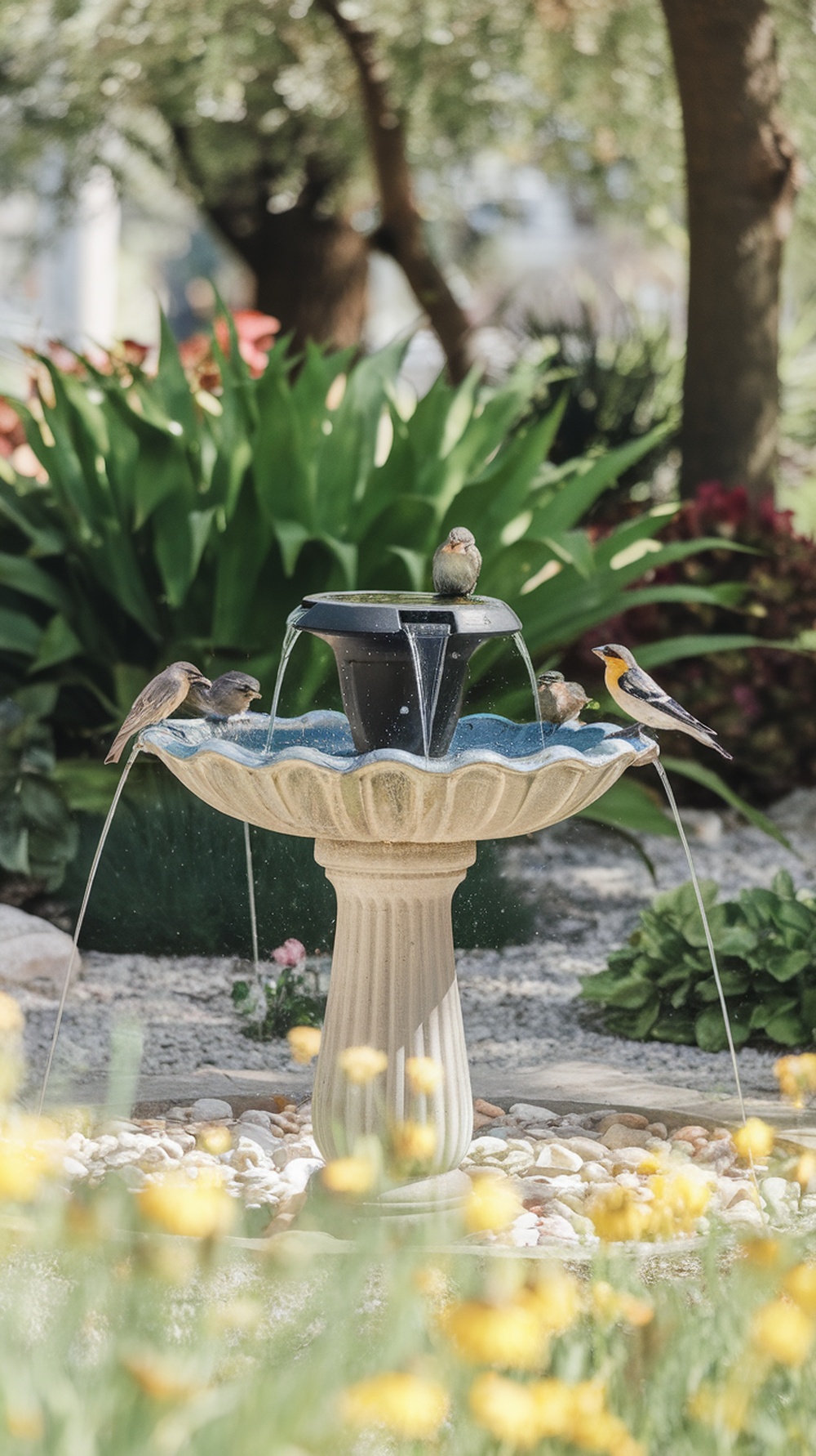 A birdbath with a solar fountain surrounded by greenery and flowers, with birds enjoying the water.