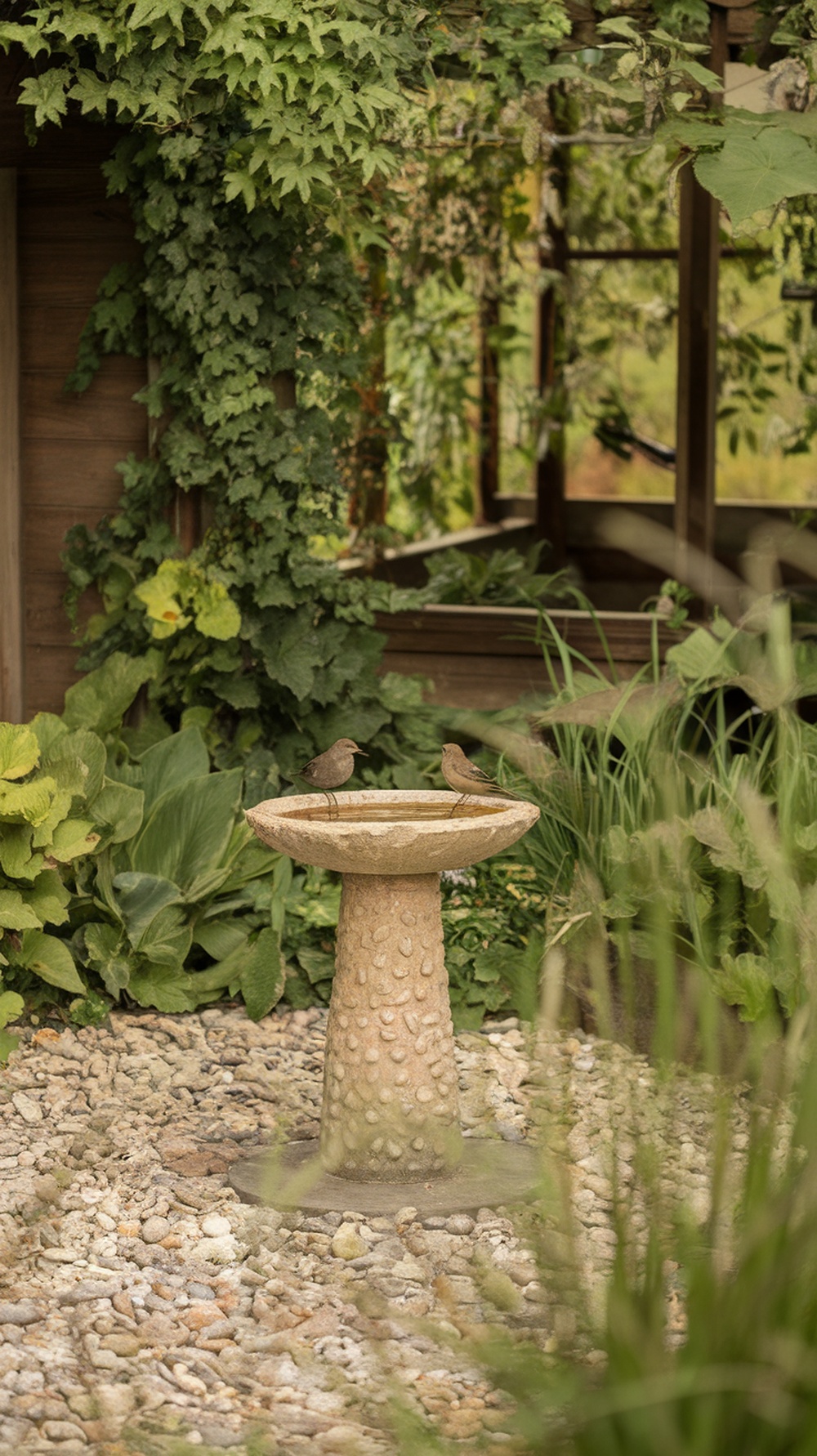 A birdbath with a pebble base surrounded by greenery and two birds perched on the edge.