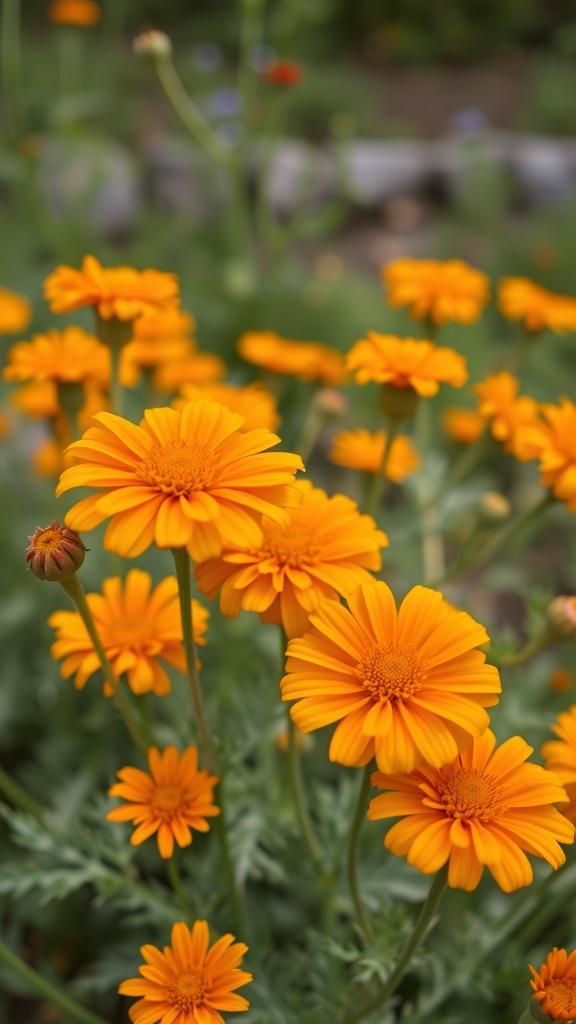 Bright orange calendula flowers blooming in a garden.
