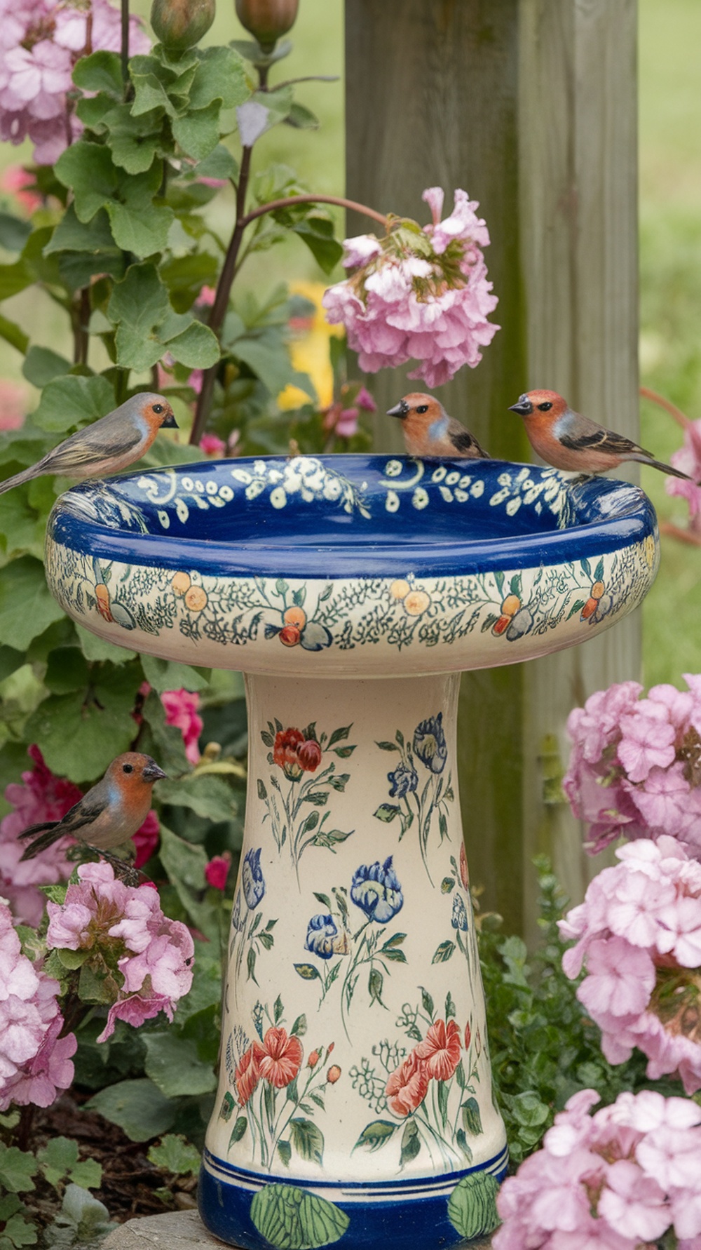 Ceramic birdbath with floral patterns surrounded by flowers and birds.