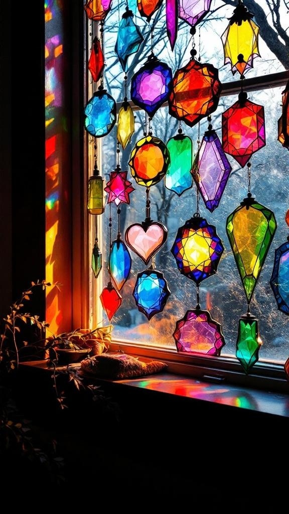 Colorful stained glass suncatchers hanging in a window, casting vibrant reflections on the walls.