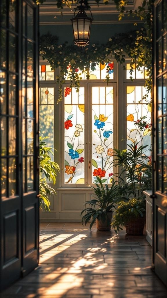 A bright entryway with stained glass windows surrounded by plants.