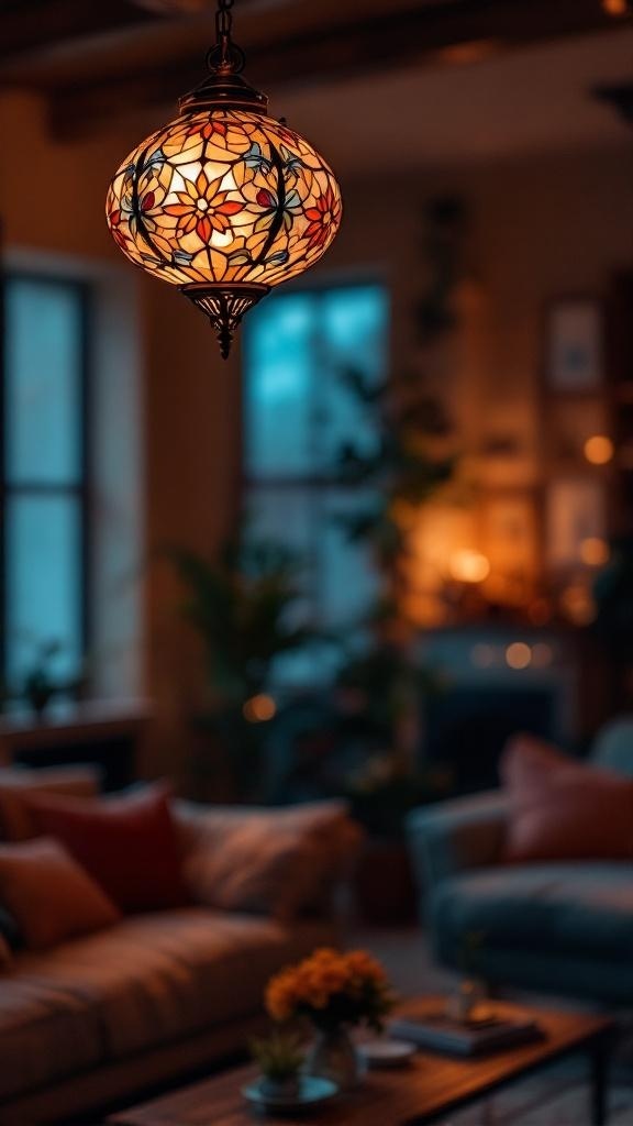 A colorful stained glass pendant light hanging in a cozy living room.