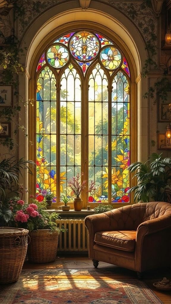 A cozy living space featuring a large stained glass window with floral designs, a comfortable brown armchair, and potted plants.
