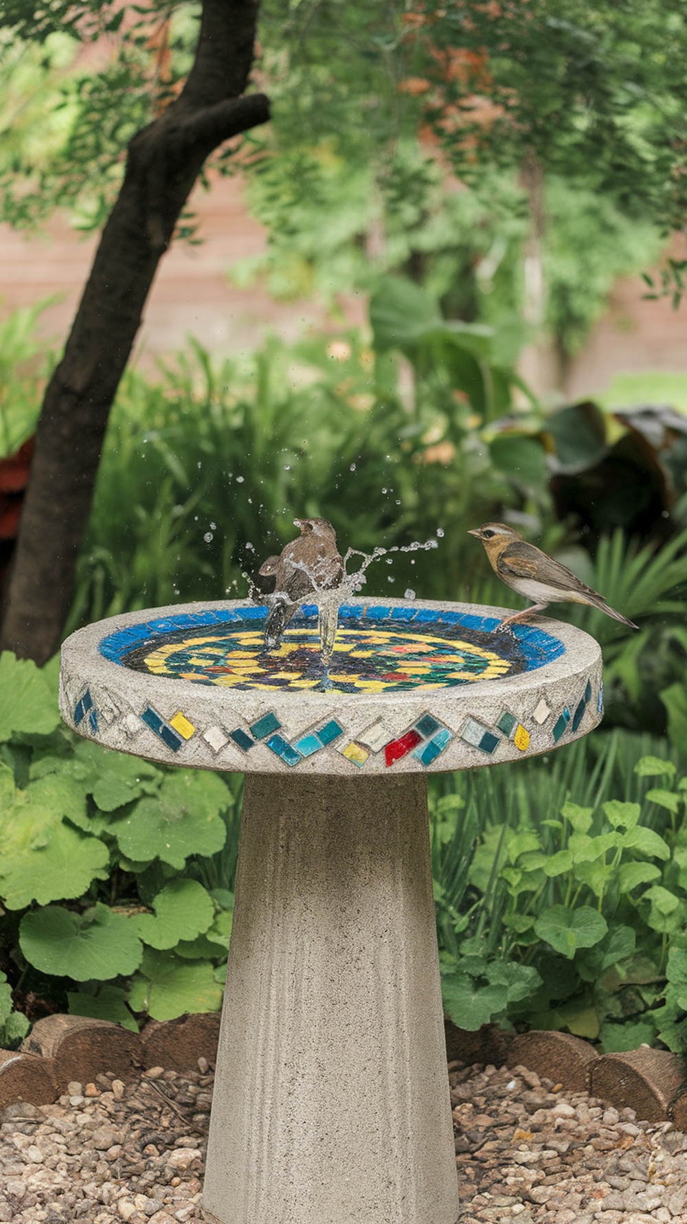 Concrete birdbath with a colorful mosaic design and birds bathing.
