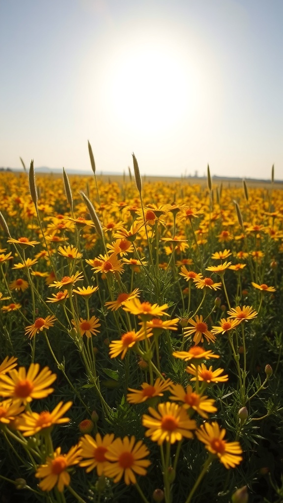 Field of cheerful yellow Coreopsis flowers under a sunny sky.