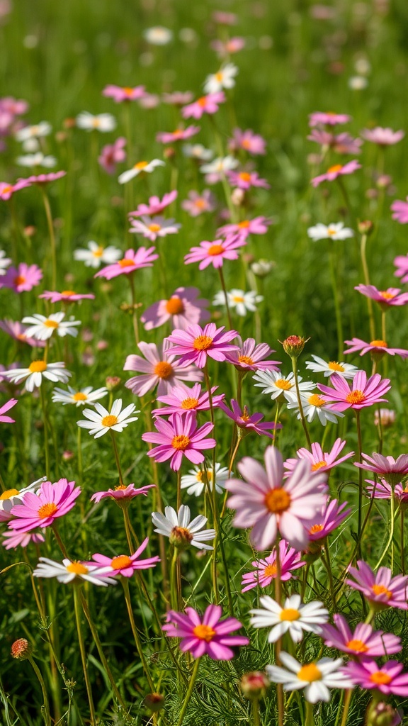 A field of colorful cosmos flowers in pink and white, blooming under the sun.