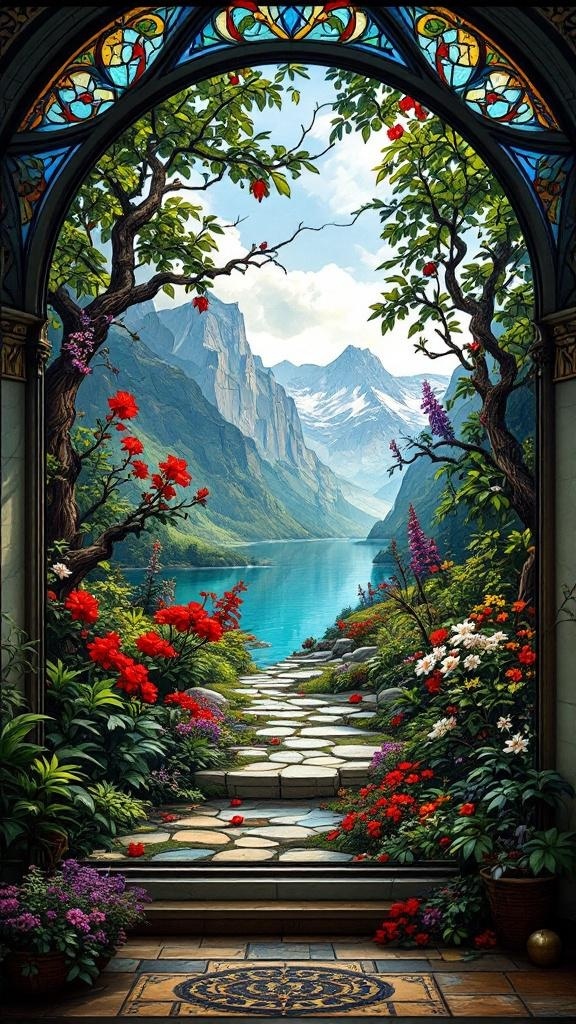 A stunning stained glass window depicting a vibrant landscape with mountains, flowers, and a serene lake.