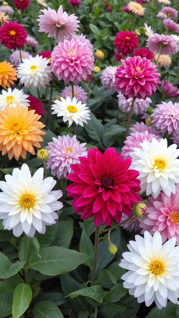 A variety of colorful dahlias in different shapes and sizes.