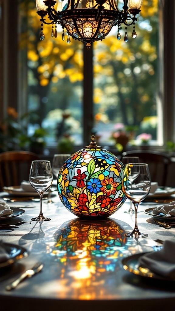 A vibrant stained glass centerpiece on a dining table with elegant glassware and a chandelier above.