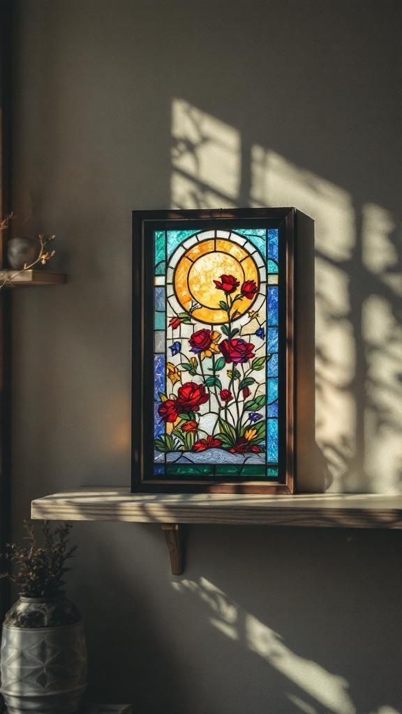 A stained glass panel featuring colorful flowers and a sun design, displayed on a shelf with shadows cast on the wall.