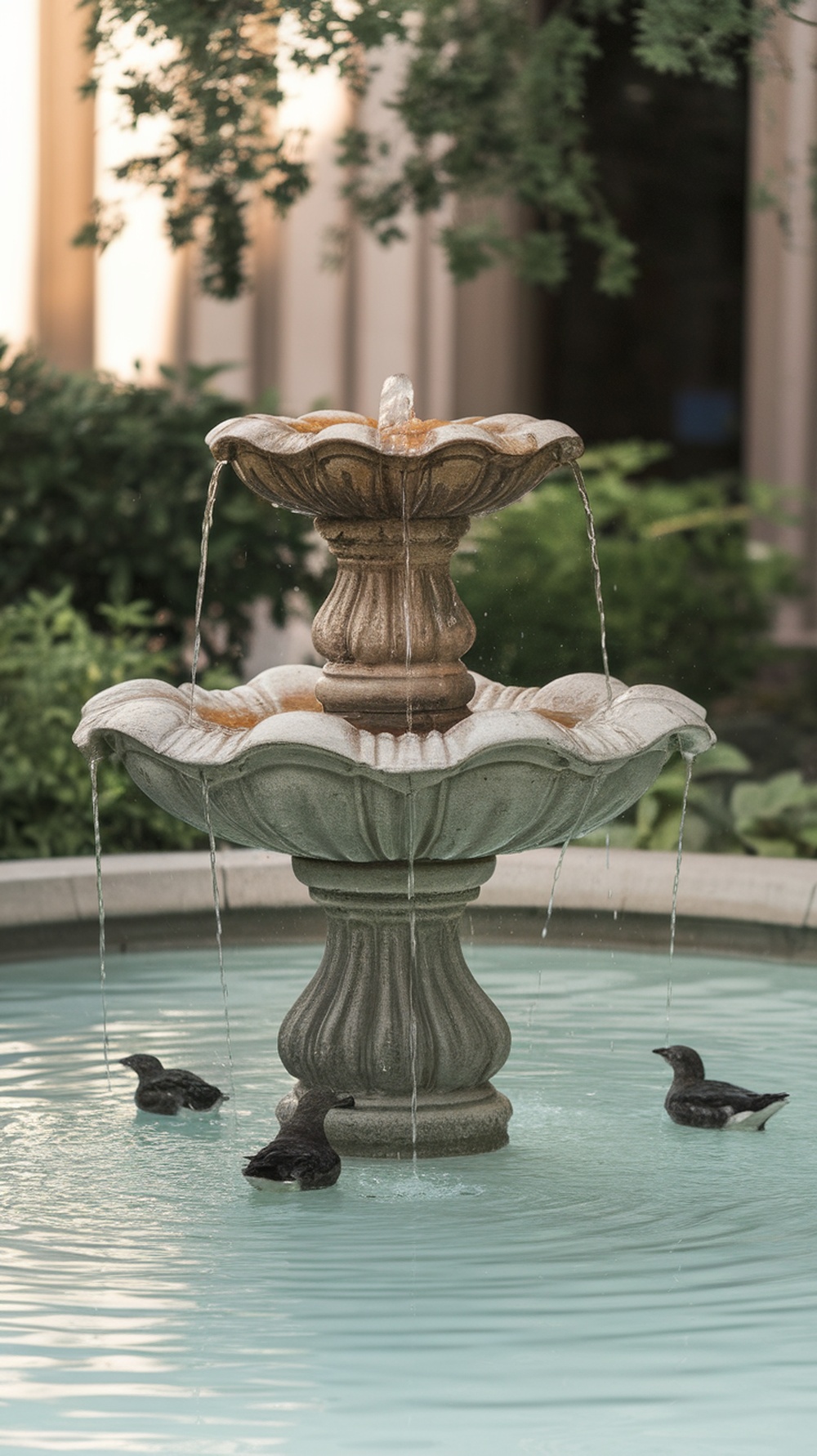 A decorative fountain birdbath with cascading water and birds in the basin.