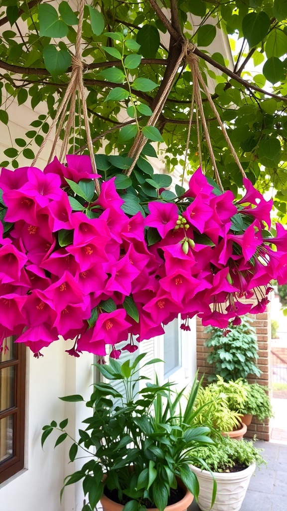 Hanging fuchsia flowers in vibrant pink shades, surrounded by green leaves.