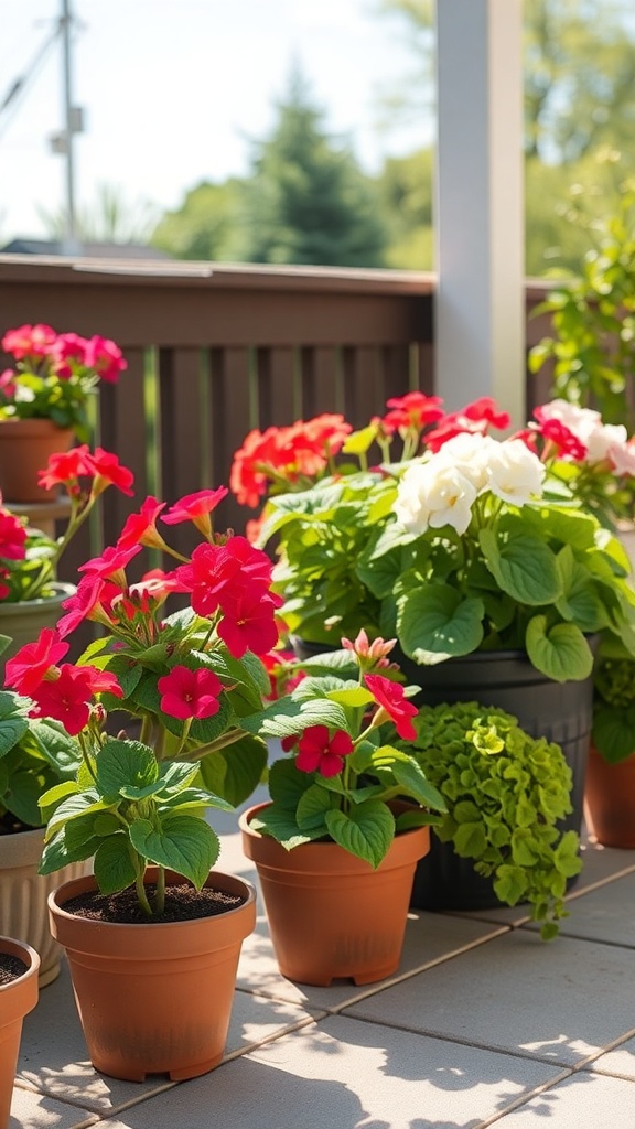 Colorful geraniums in pots on a sunny patio