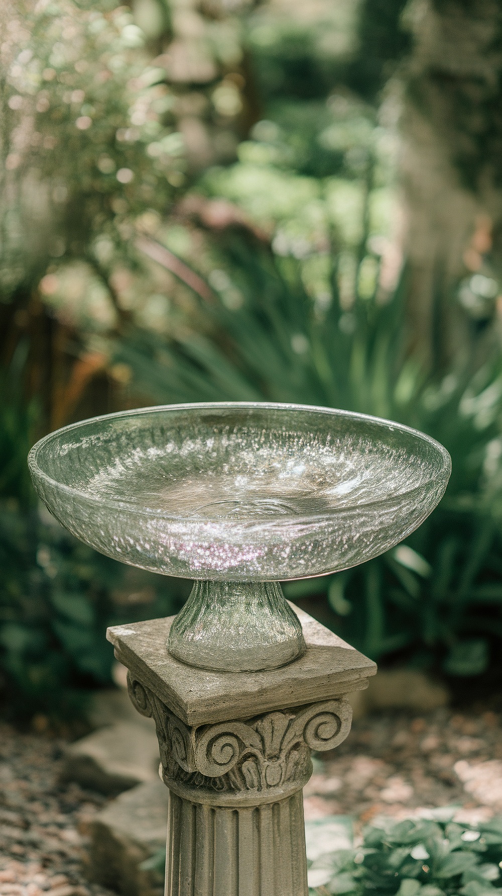 A glass bowl birdbath on a stone pedestal surrounded by greenery.