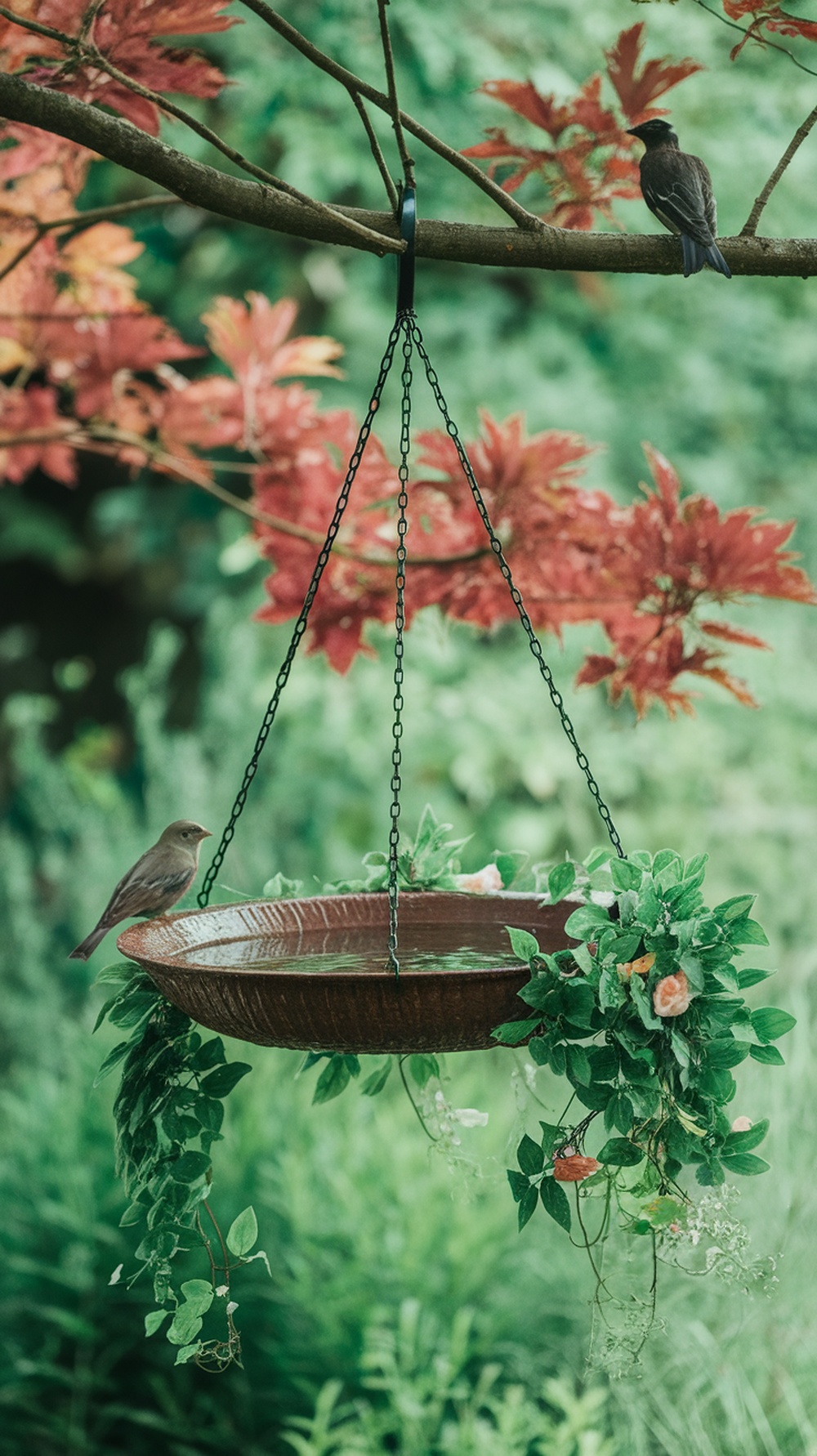 A hanging birdbath made from a shallow bowl, adorned with greenery, suspended from a tree branch with two birds nearby.