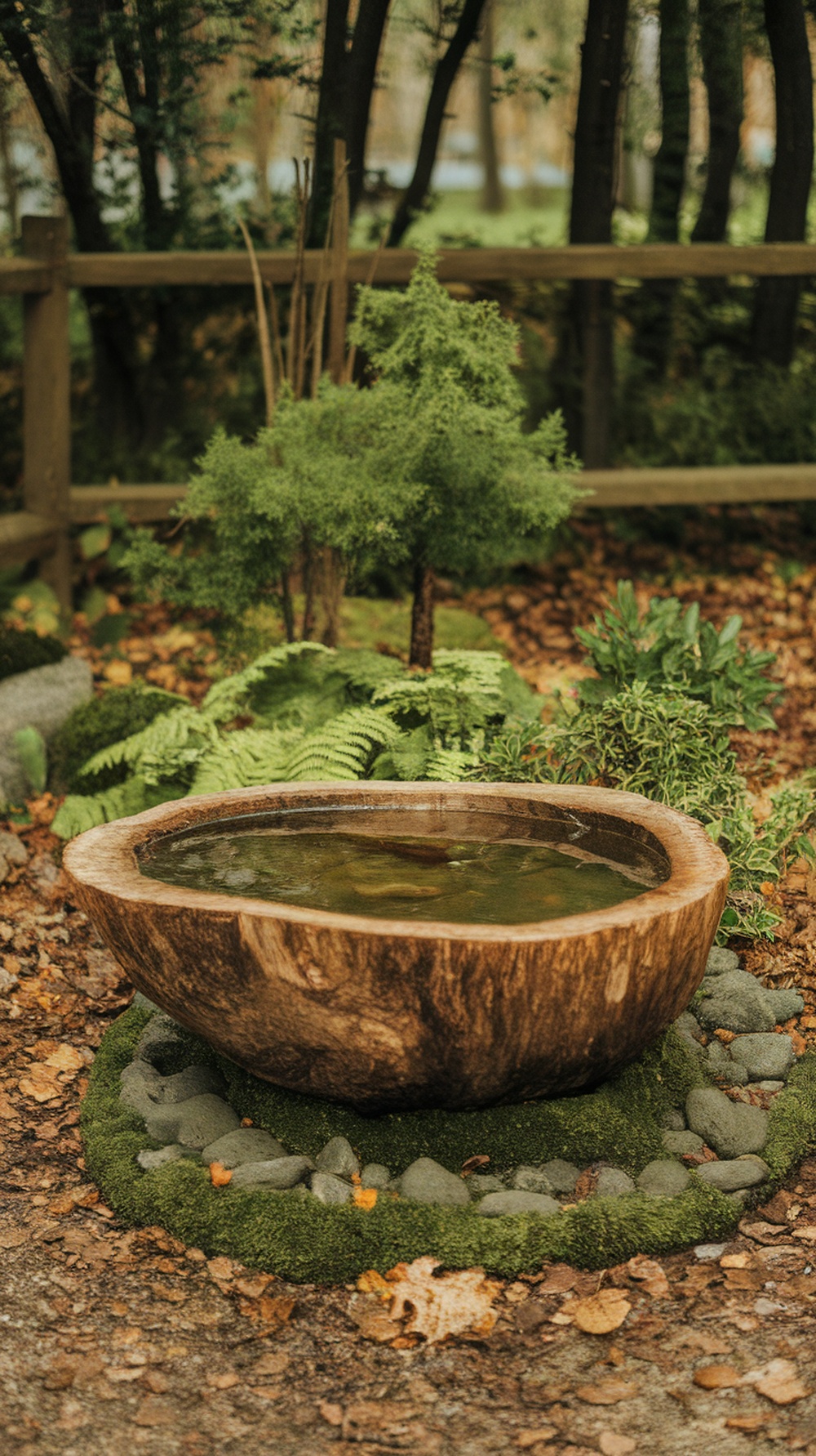 A rustic hollow log birdbath surrounded by greenery and stones.