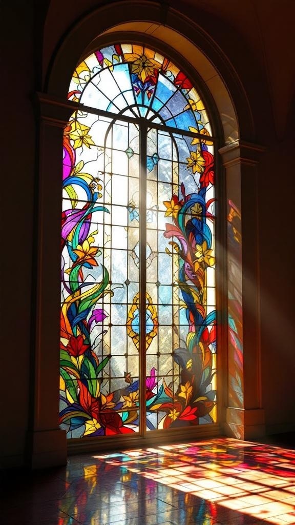 A stained glass window with colorful floral designs, casting light patterns on the floor.