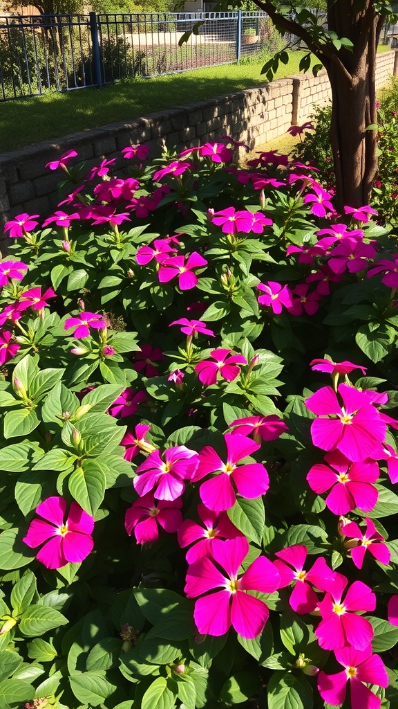 A vibrant display of pink impatiens flowers in a garden setting.