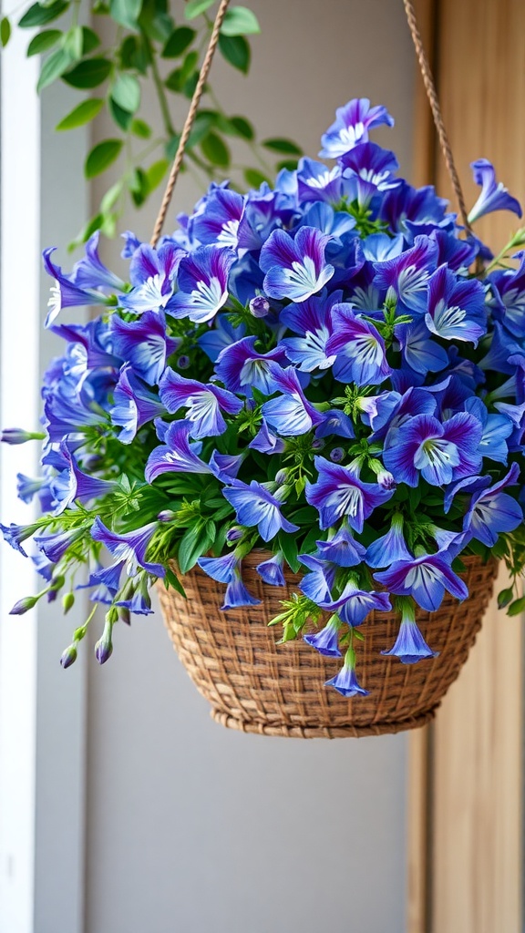 A hanging basket filled with vibrant blue and purple lobelia flowers.