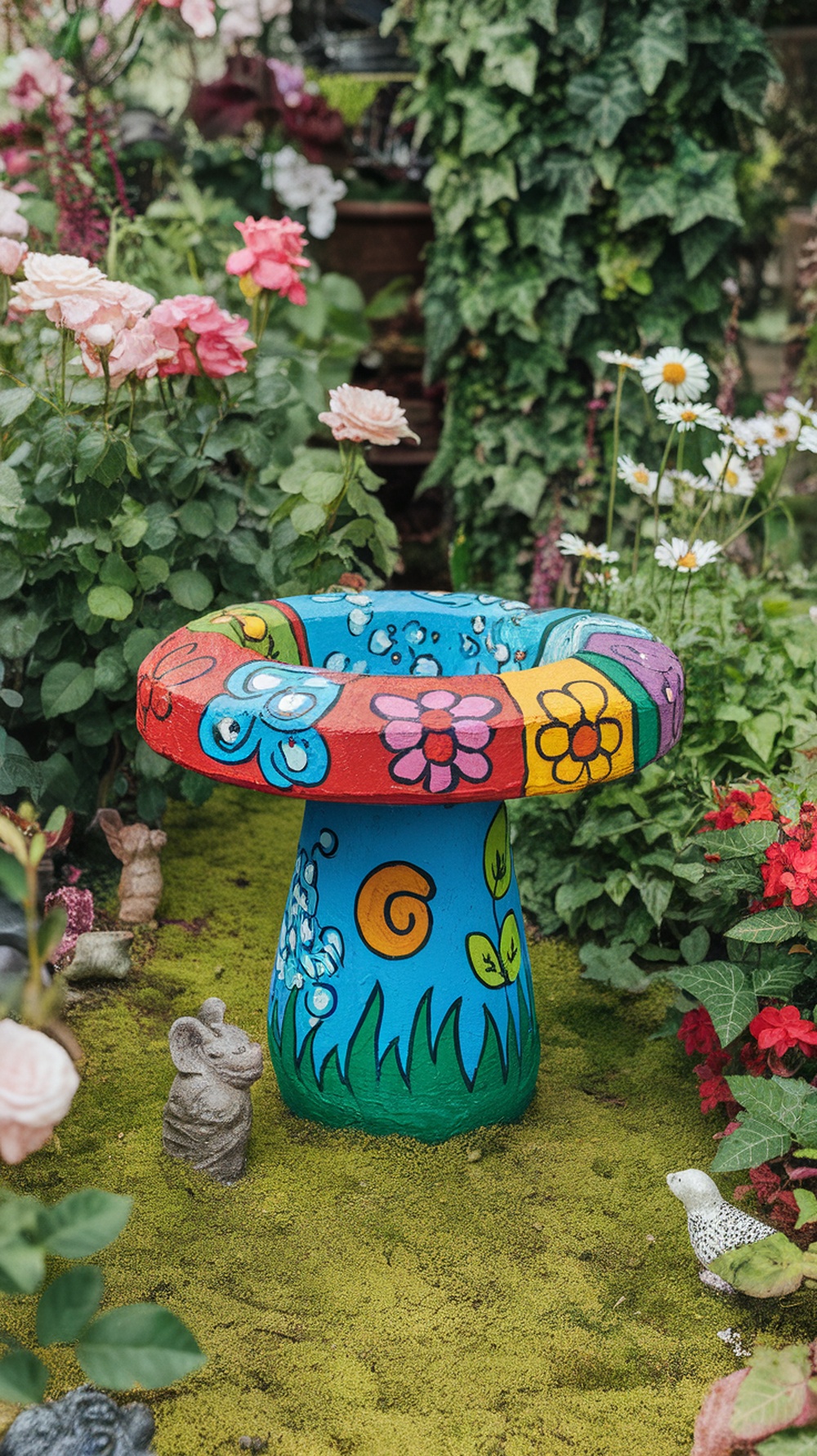 Colorful painted concrete block birdbath surrounded by flowers and greenery.