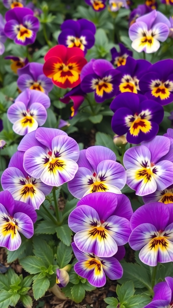 A vibrant display of pansies in various colors, showcasing their unique patterns and cheerful appearance.