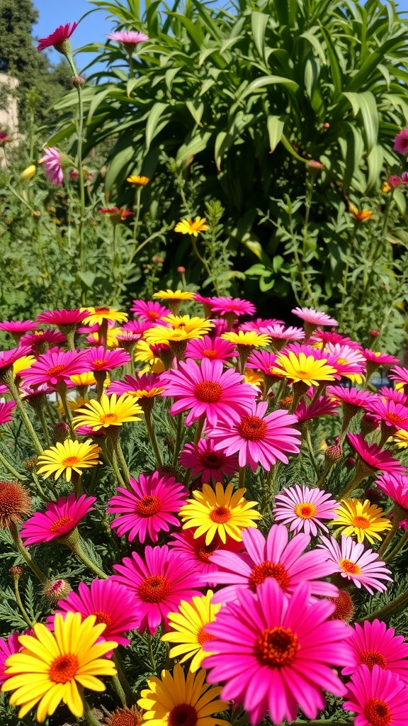 Colorful Petchoa flowers in pink and yellow blooming in a garden.