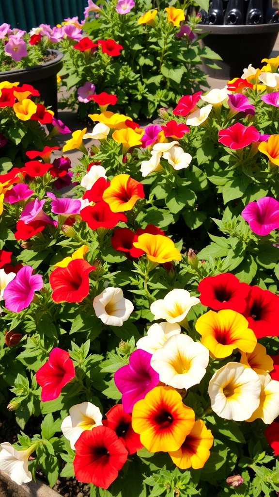 Colorful petunias in various shades blooming in a garden