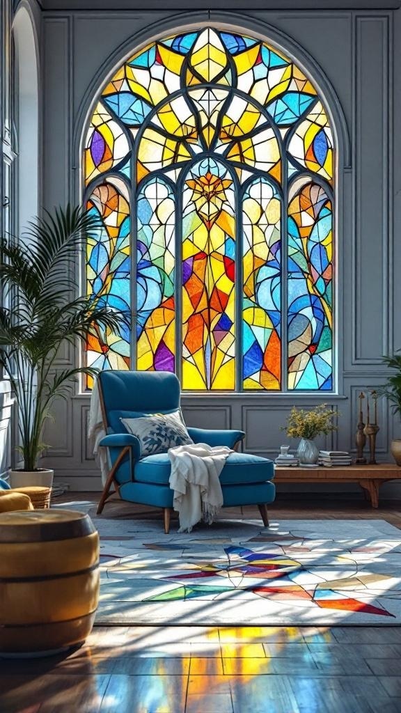 A cozy living room featuring a large stained glass window with vibrant colors, a blue chair, and a colorful rug.