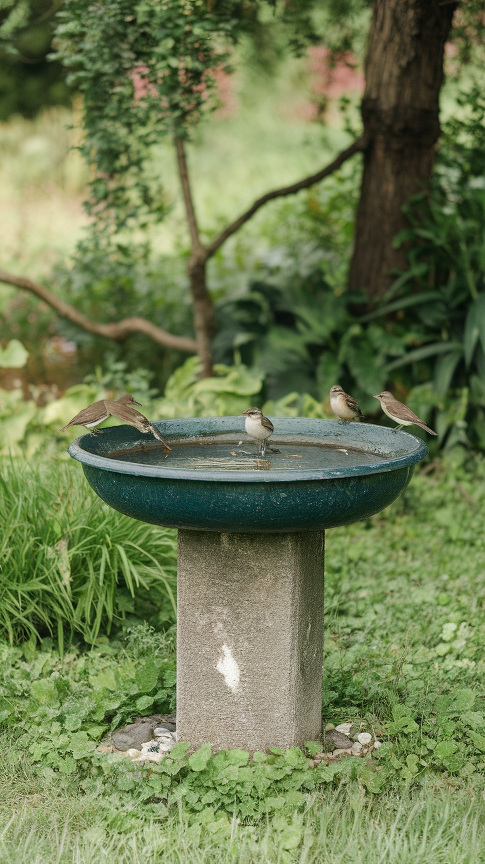 A repurposed birdbath made from an old sink, surrounded by greenery and birds.