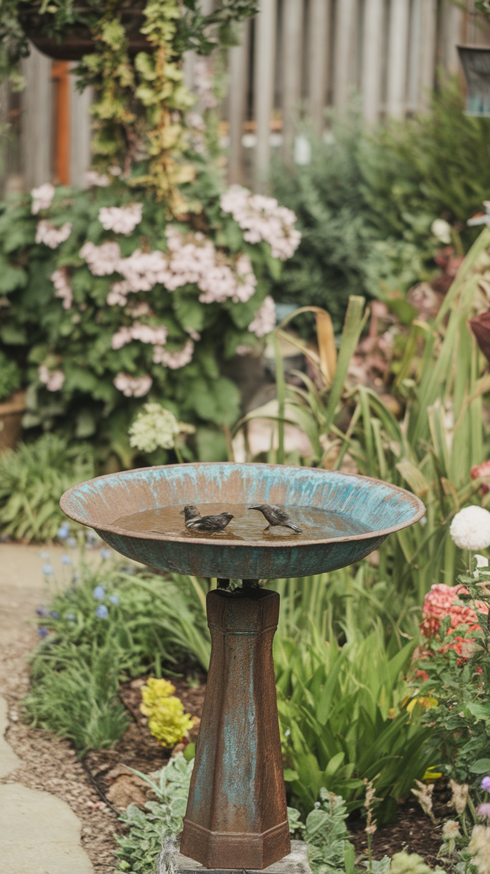 A rustic metal birdbath with a patina finish, surrounded by colorful flowers and lush greenery.