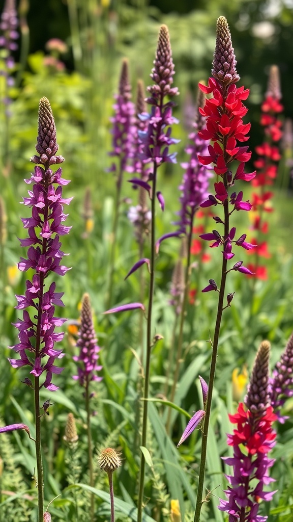 Colorful tall spikes of Salvia flowers in a garden.