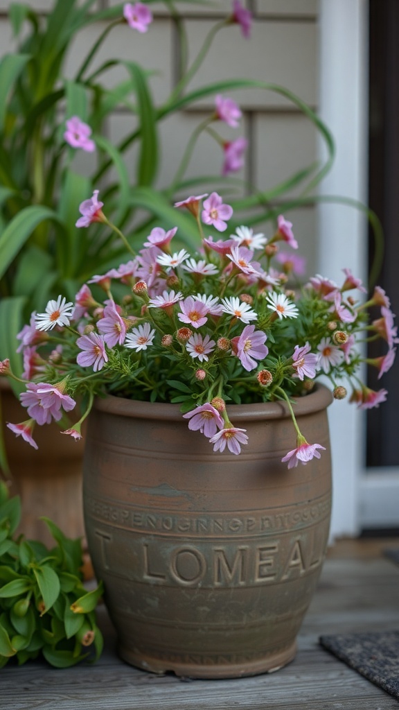 A pot filled with Scaevola flowers showcasing pink and white blooms.