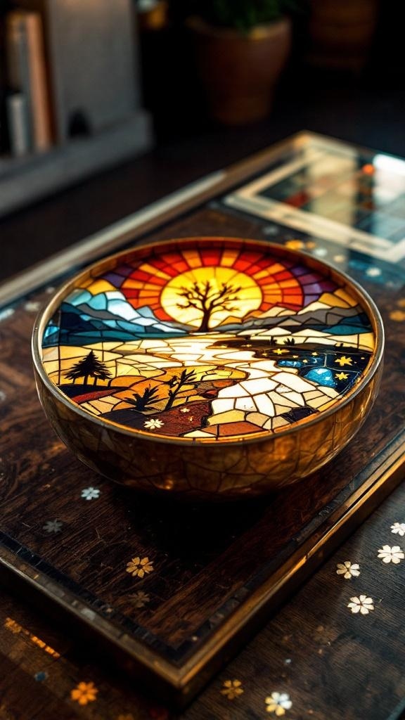 A vibrant stained glass bowl depicting a sunset landscape, placed on a wooden table.